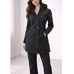 New Michael Kors Women’s Black Hooded Longline Snap Button Front Jacket Size S